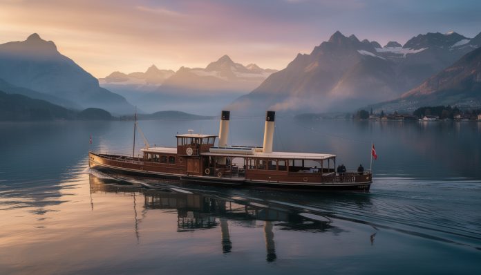 Lac des Quatre-Cantons : Croisière privée sur un vapeur historique au coucher du soleil. profitez d'une croisière privée au coucher du soleil sur un vapeur historique, découvrez la beauté du lac des quatre-cantons dans une expérience unique et mémorable.