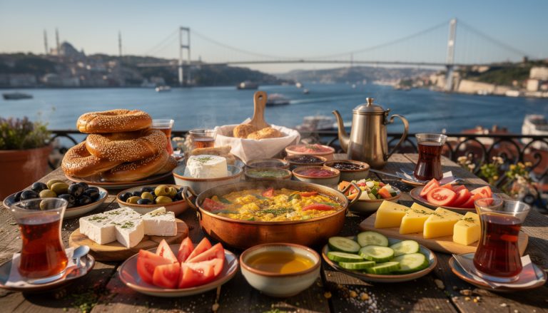 découvrez le petit-déjeuner à istanbul, un festin royal aux saveurs traditionnelles, avec une vue imprenable sur le bosphore en turquie.