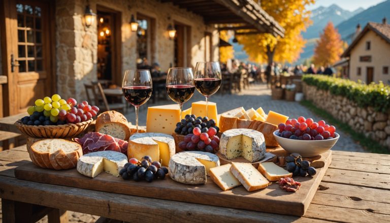 Étals de fromages, charcuteries et vins d'un marché gourmand européen