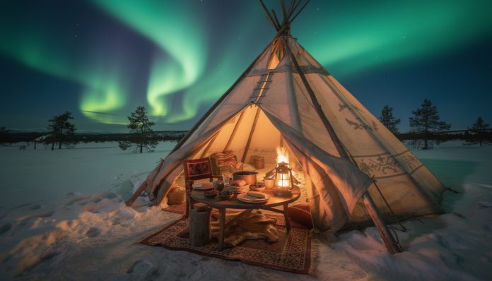 vivez une expérience unique en laponie : savourez un dîner authentique sous les magnifiques aurores boréales dans un tipi traditionnel, au cœur de paysages enneigés féeriques.