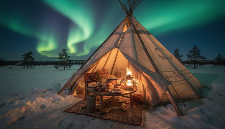 vivez une expérience unique en laponie : savourez un dîner authentique sous les magnifiques aurores boréales dans un tipi traditionnel, au cœur de paysages enneigés féeriques.