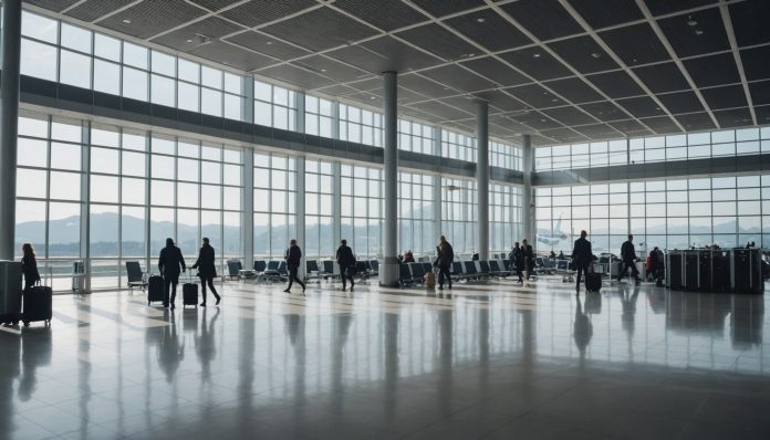 Comparateur de vols au départ de la Suisse Hall d'aéroport moderne en Suisse avec avions sur le tarmac