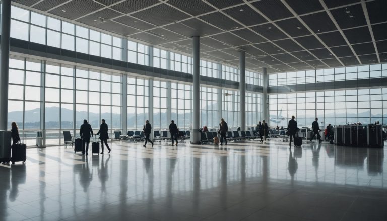 Hall d'aéroport moderne en Suisse avec avions sur le tarmac