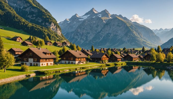 Village traditionnel suisse avec chalets en bois au bord d'un lac, entouré de montagnes, lumière dorée