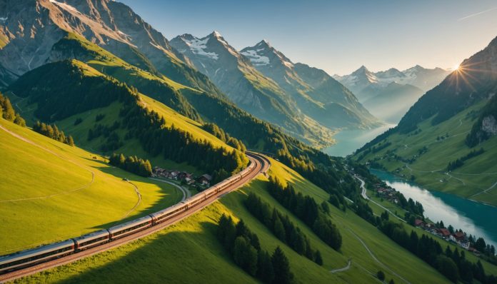 Train suisse traversant les Alpes Train panoramique suisse dans les montagnes