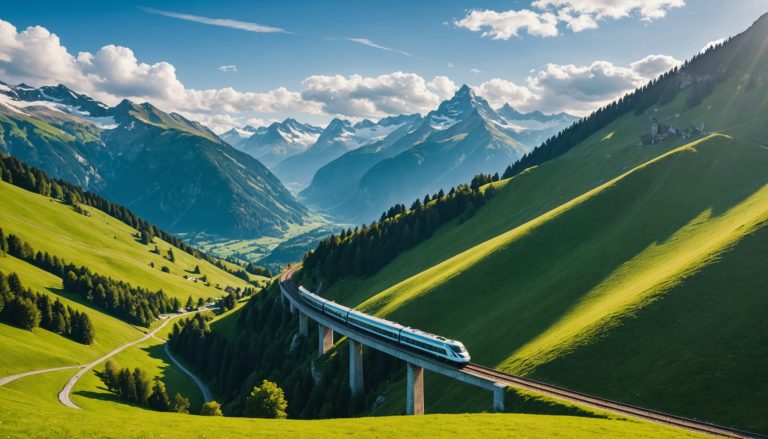 Train suisse traversant un paysage alpin avec silhouette d'avion, comparaison voyage responsable