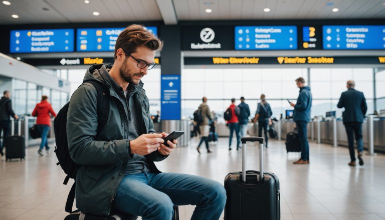 Voyageur consultant son smartphone dans un aéroport, connexion mobile en voyage