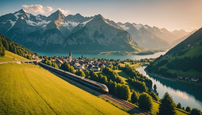 Escapades transfrontalières en train depuis la Suisse Train traversant un paysage alpin frontalier entre la Suisse et un pays voisin