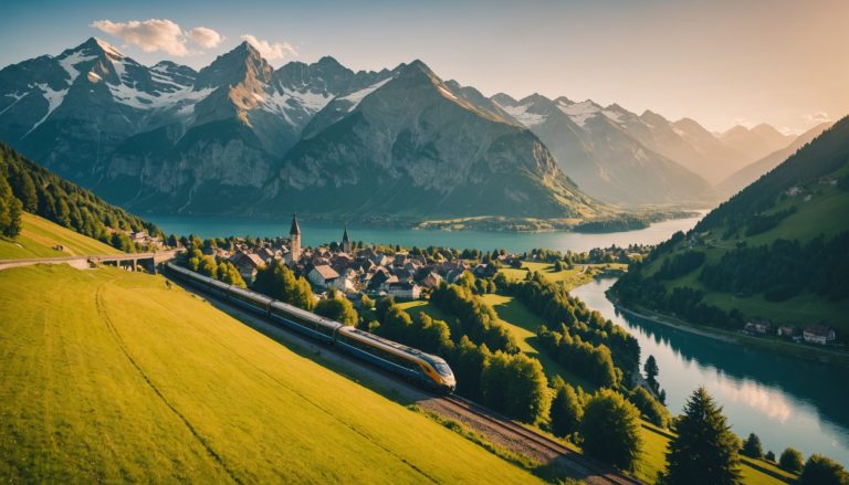 Train traversant un paysage alpin frontalier entre la Suisse et un pays voisin
