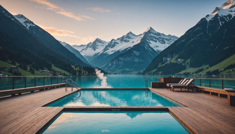 Piscine thermale extérieure fumante avec montagnes enneigées en arrière-plan, Suisse