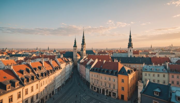 Destinations pas chères en Europe accessibles en vol direct depuis la Suisse Vue depuis un hublot d'avion sur une vieille ville d'Europe de l'Est au coucher du soleil