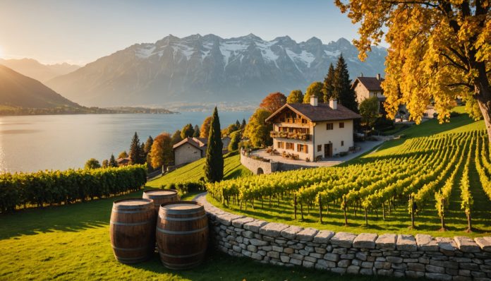 Vignoble en terrasses et fromagerie d'alpage en Suisse romande Vignoble en terrasses au bord du lac Léman en Suisse romande au coucher du soleil