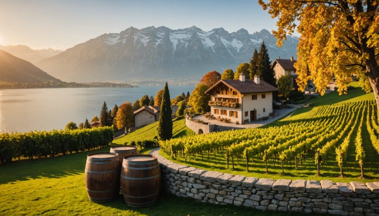Vignoble en terrasses au bord du lac Léman en Suisse romande au coucher du soleil