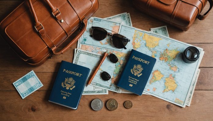 Budget voyage pas cher : passeport, devises et petite valise Passeport, devises et petite valise posés sur une table, illustration d'un budget de voyage pas cher