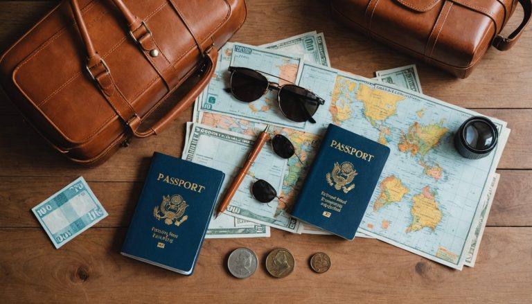 Passeport, devises et petite valise posés sur une table, illustration d'un budget de voyage pas cher