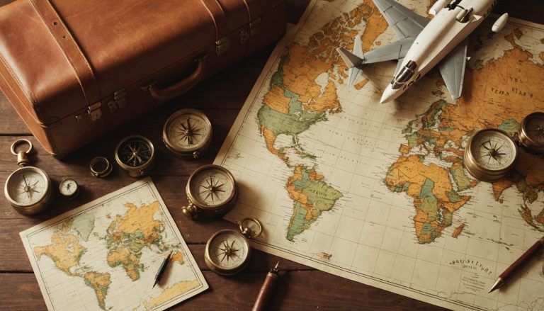 Composition de voyage avec valise vintage, boussole et carte du monde symbolisant les tendances voyage
