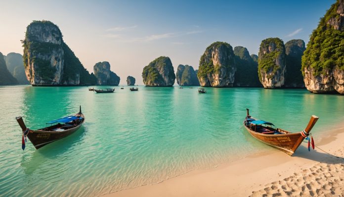 Plage tropicale en Thaïlande avec bateaux longue-queue, illustration voyage Thaïlande