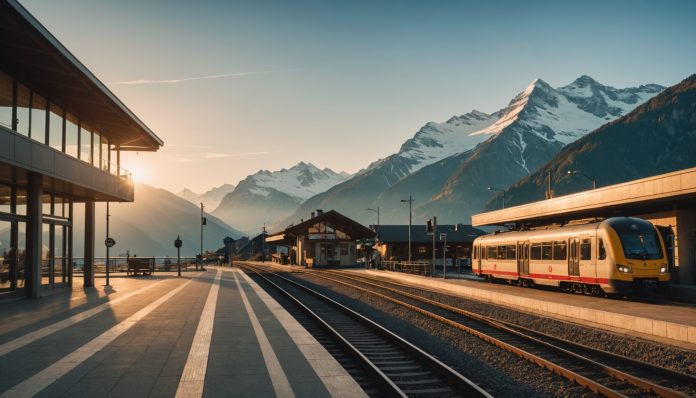 Gare frontière suisse dans les Alpes au coucher du soleil Quai de gare frontalière en Suisse avec train et montagnes au coucher du soleil