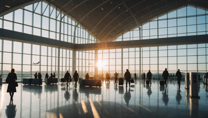 Terminal d'aéroport moderne au coucher du soleil Hall d'un aéroport moderne avec passagers et grandes baies vitrées au coucher du soleil