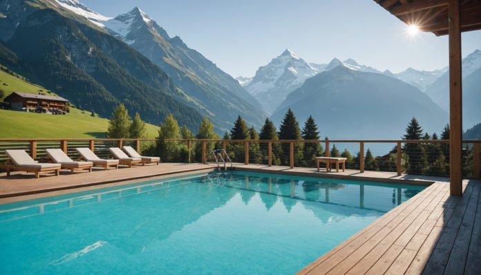 Bains thermaux et spas de Suisse romande : le comparatif Bassin thermal extérieur en Suisse avec montagnes alpines en arrière-plan