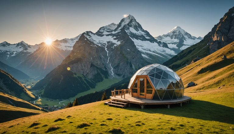 Cabane dôme insolite perchée dans les Alpes suisses au coucher du soleil