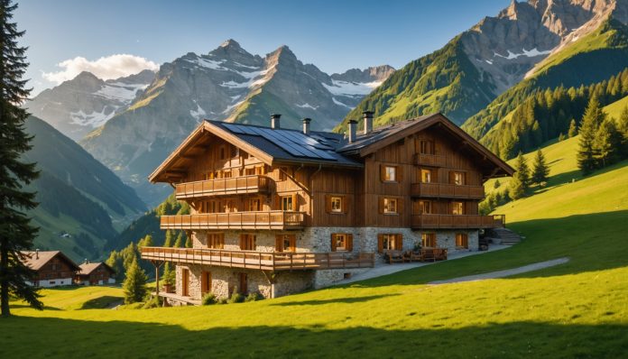 Chalet alpin écoresponsable en Suisse au coucher du soleil Hébergement écoresponsable dans les Alpes suisses illustrant les labels de tourisme durable