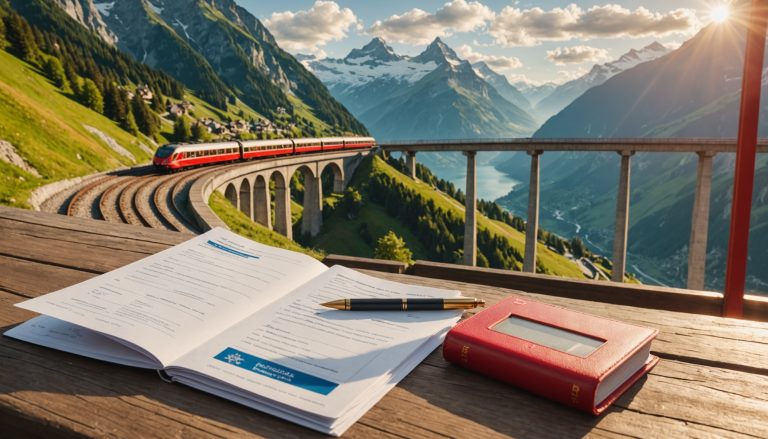 Passeport et documents de voyage devant un paysage de montagne suisse, illustration assurance voyage