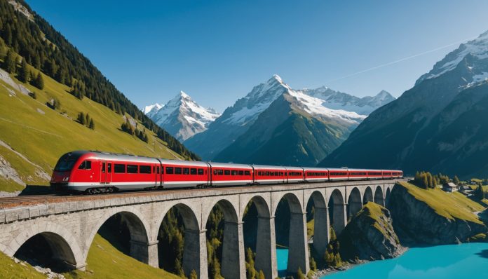 Train panoramique suisse traversant les Alpes Train panoramique rouge suisse sur un viaduc alpin avec montagnes enneigées
