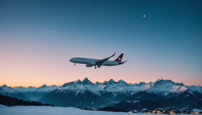 Avion de ligne survolant les Alpes suisses enneigées au coucher du soleil, symbole des nouvelles liaisons aériennes de l'hiver