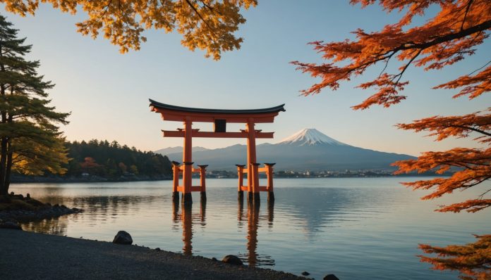 Voyage au Japon : guide pratique pour préparer son séjour Torii au bord de l'eau avec le Mont Fuji en arrière-plan, lumière dorée