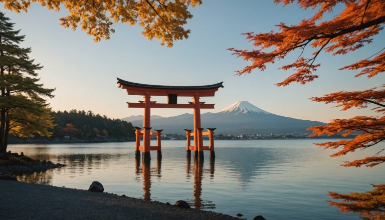 Torii au bord de l'eau avec le Mont Fuji en arrière-plan, lumière dorée