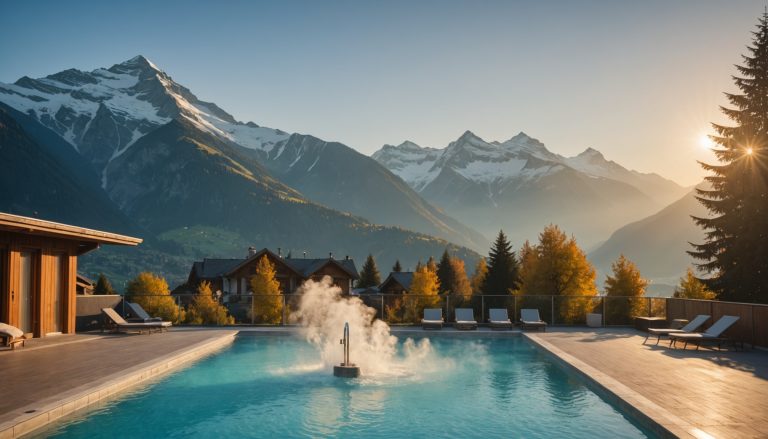 Bassin thermal extérieur avec vue sur les Alpes suisses au coucher du soleil
