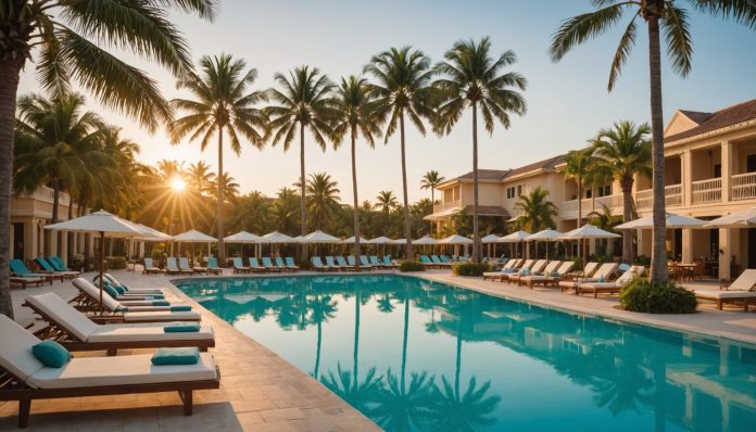 Séjour tout compris : bien choisir son forfait vacances Transats et piscine d'un hôtel en séjour tout compris au coucher du soleil