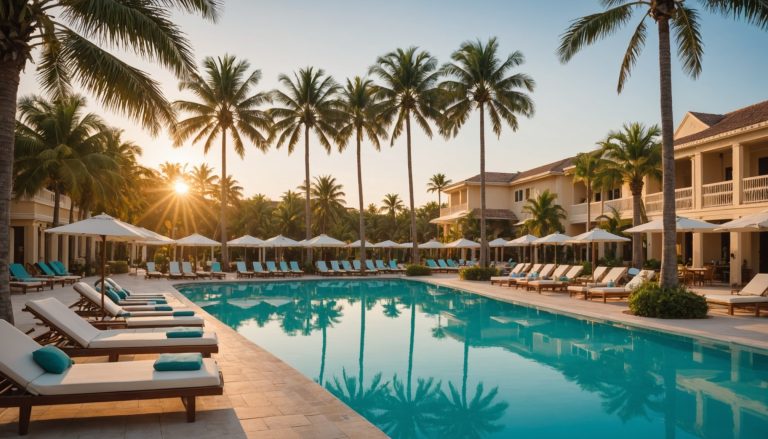 Transats et piscine d'un hôtel en séjour tout compris au coucher du soleil