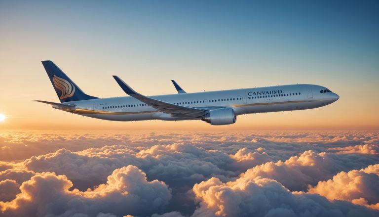 Illustration d'un avion de ligne survolant des nuages au coucher du soleil
