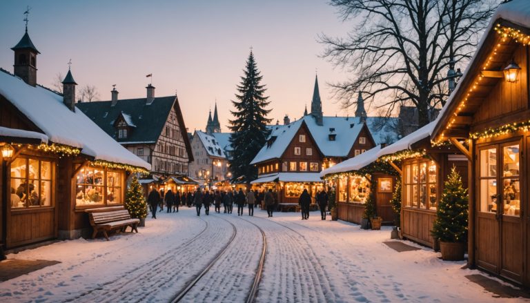 Illustration générée par IA d'un marché de Noël européen accessible en train depuis la Suisse
