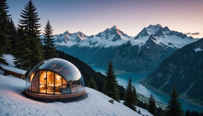 Hébergement insolite en Suisse : dôme et cabane perchée dans les Alpes Dôme transparent et cabane perchée en Suisse au crépuscule, illustration générée par IA