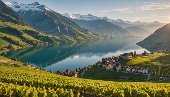 Vignoble en terrasses au bord d'un lac alpin suisse Vignoble en terrasses suisse au coucher du soleil au bord d'un lac alpin, illustration générée par IA