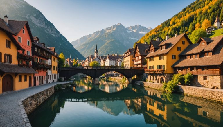 Petite ville lacustre europeenne avec pont couvert, illustration generee, ne represente pas un lieu reel