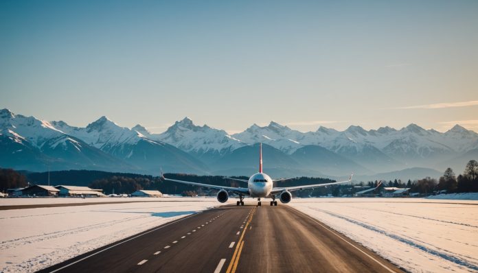 Avion au décollage face aux Alpes suisses en hiver Avion décollant d'un aéroport suisse avec les Alpes enneigées en arrière-plan